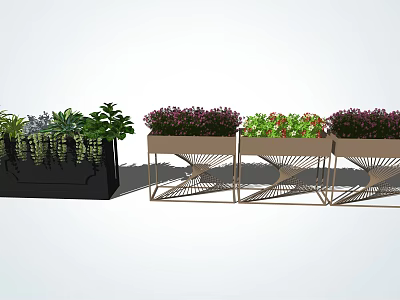 Decorative Flower Planters With Metal Frame And Vibrant Green Purple Plants 3d model