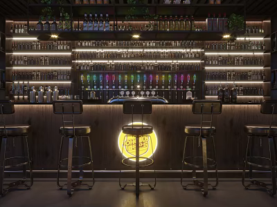 Modern Bar Interior With Counter Stools Shelves Filled With Various Bottles And Round Yellow Sign 3d model