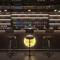 Modern Bar Interior With Counter Stools Shelves Filled With Various Bottles And Round Yellow Sign