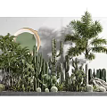 Indoor Green Plants Arrangement With Gray Wall And Round Mirror