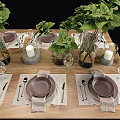 Elegant Tableware Set With Plates Cutlery Napkins Green Plants Vases And Candles On Wooden Table
