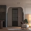 Elegant Modern Living and Dining Room Interior With Fireplace Chandelier Sofa TV Artwork and Rug
