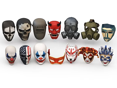 Assorted Skull Devil Gas Mask Clown Animal Pattern Masks Showcase 3d model