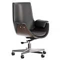 Modern Office Table and Chair Set with Beige Black Leather Wooden Swivel Chairs on Wheels