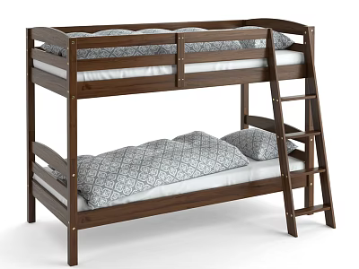 Wooden Walnut Bunk Bed Double Decker With Side Ladder Guard Rails Geometric Pattern Bedding Pillows 3d model