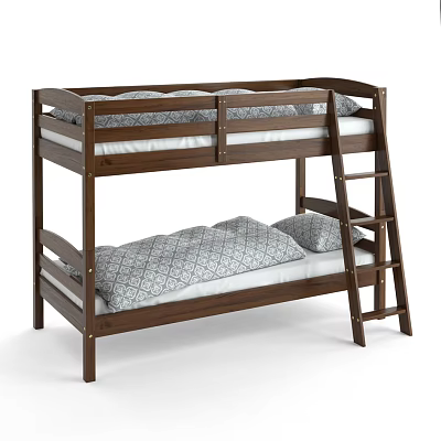 Wooden Walnut Bunk Bed Double Decker With Side Ladder Guard Rails Geometric Pattern Bedding Pillows 3d model