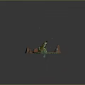 Lizard Creature Fishing On Wooden Raft With Blue Water And Decorative Rocks