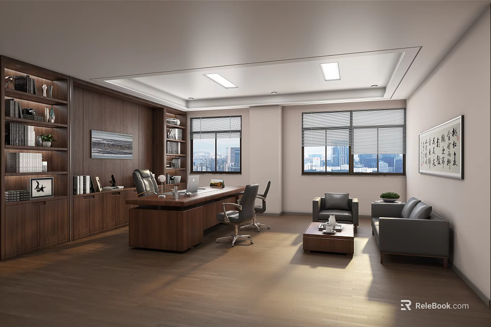 Elegant Office Space With Wooden Bookshelves Desk Sofa Coffee Table And City View Windows 3d model 