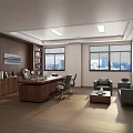 Elegant Office Space With Wooden Bookshelves Desk Sofa Coffee Table And City View Windows 3d model