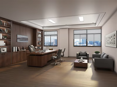 Elegant Office Space With Wooden Bookshelves Desk Sofa Coffee Table And City View Windows 3d model