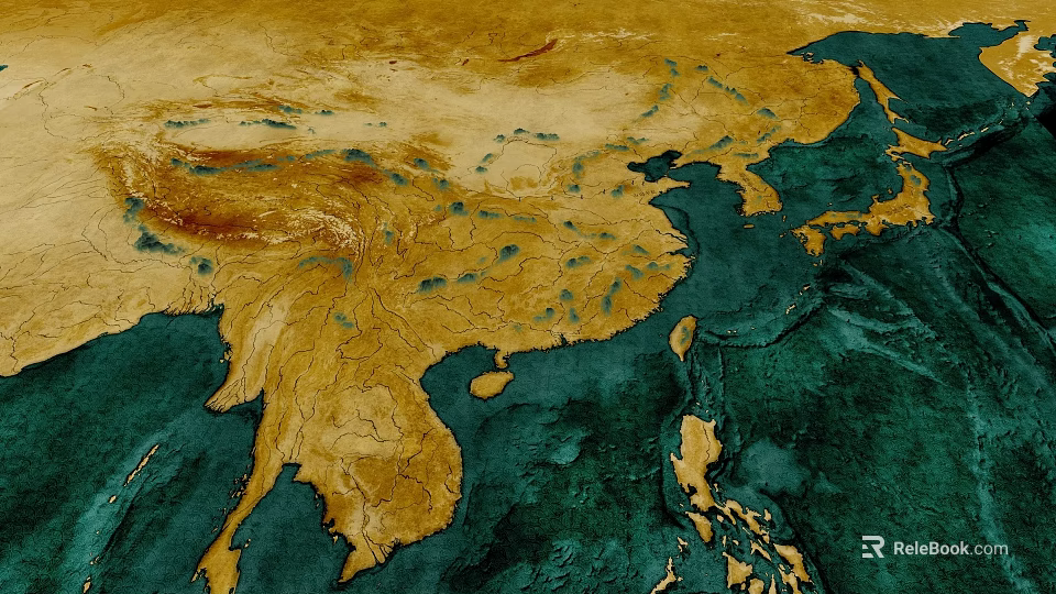Earth Satellite Map Wall Decor Featuring Asian Region With Golden Yellow And Deep Green Terrain 3d model 