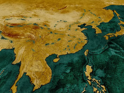 Earth Satellite Map Wall Decor Featuring Asian Region With Golden Yellow And Deep Green Terrain 3d model