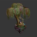 Cartoon Willow Tree Scene Featuring Brown Trunk Green Hanging Leaves Rock Base And Yellow Flowers