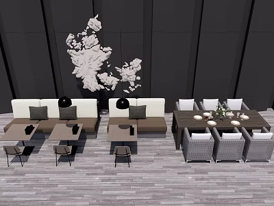 Dining Table Set with Chairs Sofa and White Pattern Wall on Gray Wooden Floor 3d model