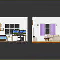 Miniature Bedroom And Living Room Models With Bed Desk Computer Sofa TV Coffee Table
