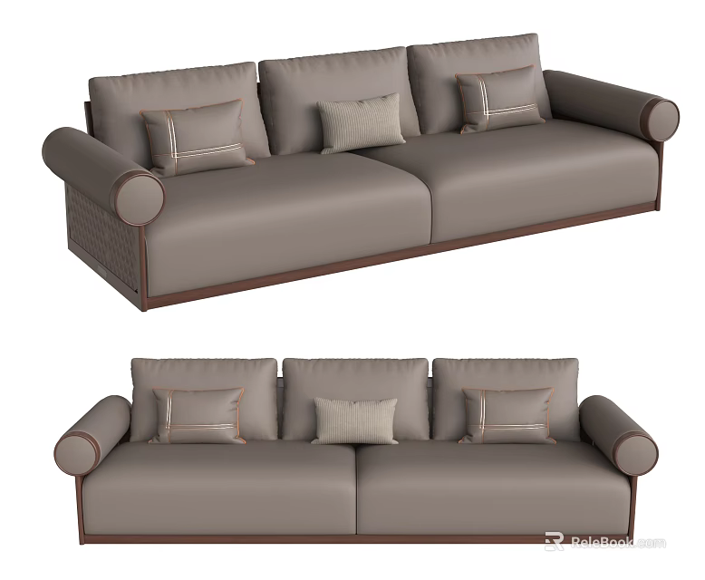 Gray Three Seater Sofa With Armrests And Decorative Cushions Dark Base 3d model