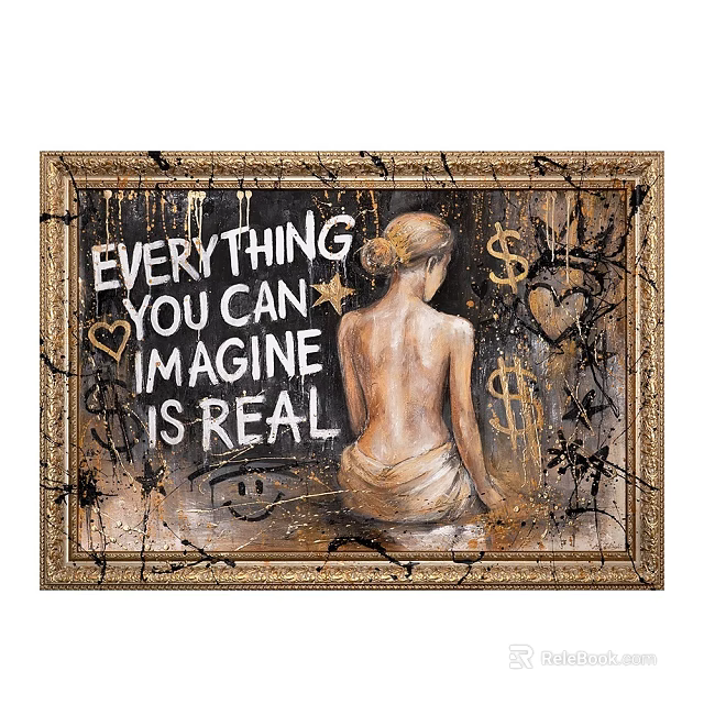 Portrait Painting Female Back View With Quote Text Dollar Signs Hearts Splatter Texture Golden Frame 3d model 
