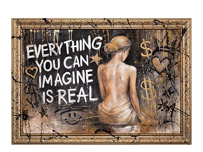 Portrait Painting Female Back View With Quote Text Dollar Signs Hearts Splatter Texture Golden Frame 3d model