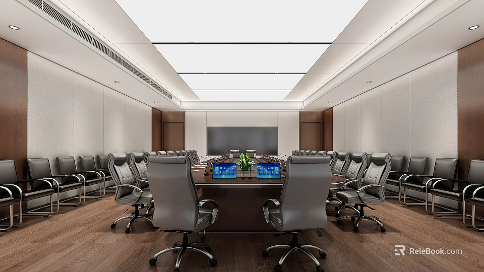 Modern Conference Room Setup With Long Table Laptops Green Plants Gray Chairs And Large Screen 3d model 