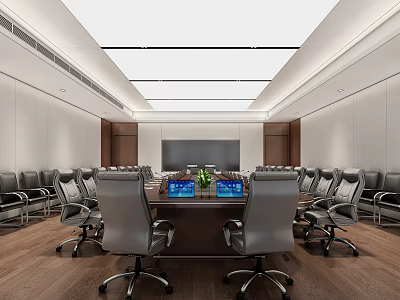 Modern Conference Room Setup With Long Table Laptops Green Plants Gray Chairs And Large Screen 3d model
