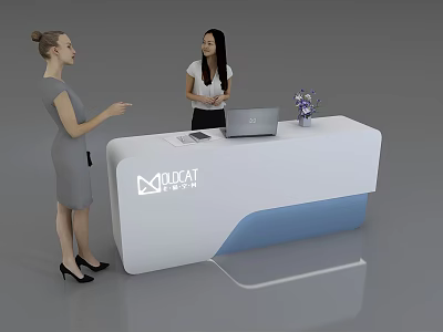 White And Blue Reception Desk With MLOCAL Logo Laptop Purple Vase And Professional Women 3d model