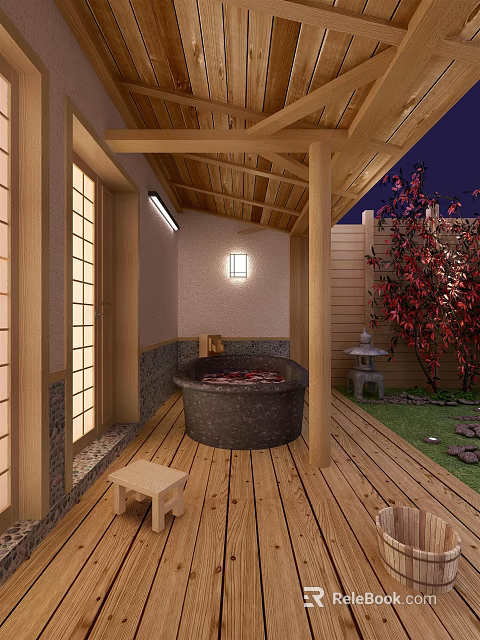 SPA Sauna Experience With Wooden Structure Outdoor Bathtub And Natural Scenery 3d model 