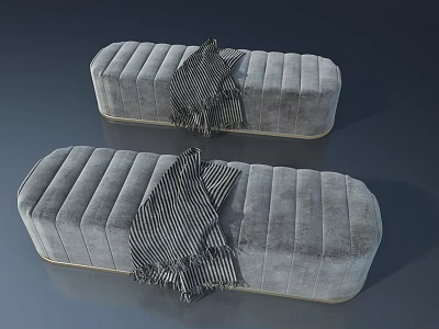 Modern Hinged Door Design With Gray Cushioned Ottomans And Striped Blankets 3d model