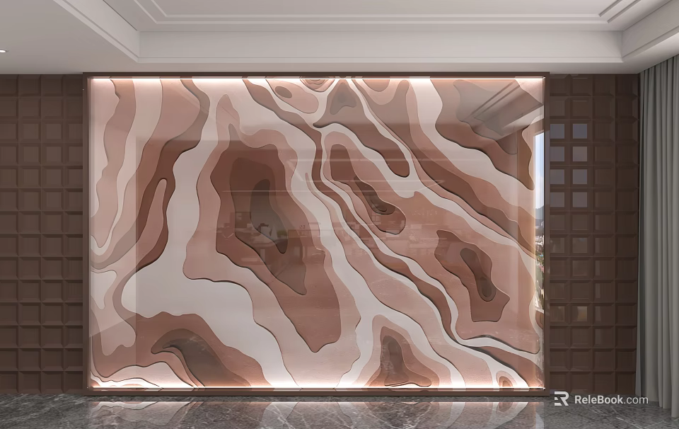 Elegant Modern Marble Background Wall With Flowing Brown And White Patterns And Backlit Design 3d model 