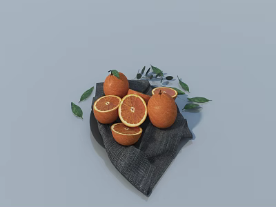Fresh Oranges with Whole and Sliced Pieces and Green Leaves on Dark Cloth 3d model