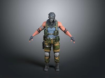 Tactical Military Character Wearing Gas Mask Striped Vest Camouflage Pants And Knee Pads 3d model