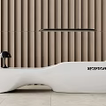 Modern White Reception Desk With Black Table Lamp And Wooden Slat Wall
