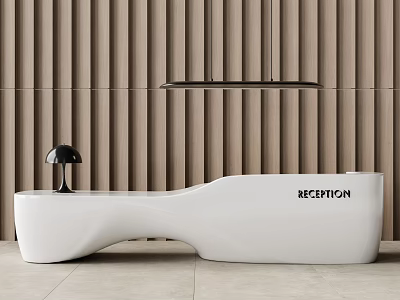 Modern White Reception Desk With Black Table Lamp And Wooden Slat Wall 3d model