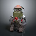 Retro Game Movie Robot Character With Green Body Orange Head Tracked Base Mechanical Claw Arms