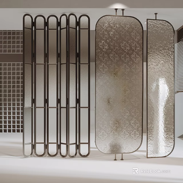 Modern Room Divider Screens With Metal Frame And Patterned Glass Panels 3d model 