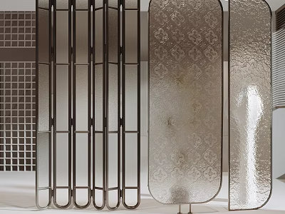 Modern Room Divider Screens With Metal Frame And Patterned Glass Panels 3d model