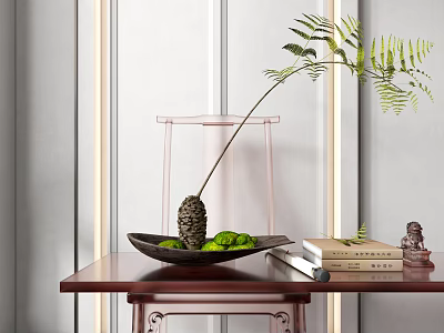Bonsai Plant in Black Bowl with Green Fruits Books Small Statue on Wooden Table 3d model