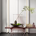 Bonsai Plant in Black Bowl with Green Fruits Books Small Statue on Wooden Table