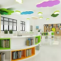 Modern Reading Room Kindergarten Primary School Reading Room Library Shaped Bookcase Bookshelf Low Cabinet Shaped Arc Card Seat Bookcase Desk 3d model
