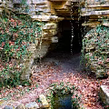 Natural Scenery Featuring Rocky Cave Entrance With Vines Fallen Leaves And Small Stream