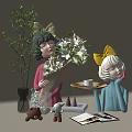 Decorative Ornament Set with Lady Figurines Green Plants Flower Bouquets and Tea Cup on Tabletop