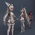 Anime Style Game Movie Characters with Cat Ears Long Hair Red Wings and Demon Horns