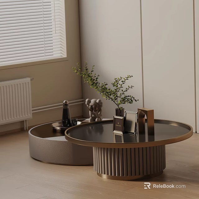 Modern Minimalist Sofa Coffee Table Set With Round Table And Green Plant Decorative Items 3d model