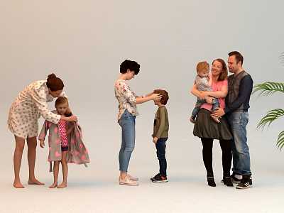 Group of People Interacting Indoors With Adults Dressing Children And Hugging 3d model