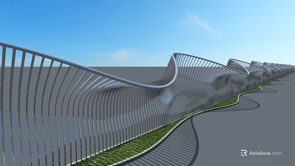 Contemporary Metal Fence Featuring Wavy Design Along Green Grass Under Blue Sky 3d model 