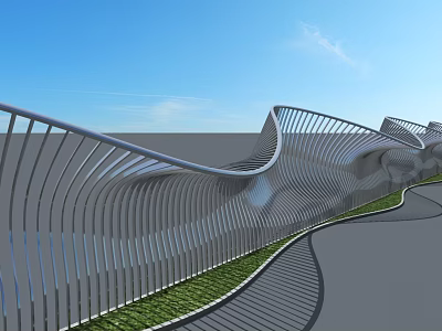 Contemporary Metal Fence Featuring Wavy Design Along Green Grass Under Blue Sky 3d model