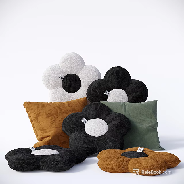 Flower Shaped Decorative Pillows In Black White Brown Green Colors 3d model 