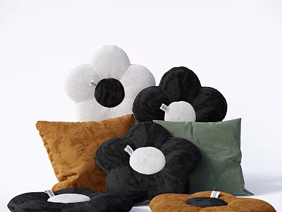 Flower Shaped Decorative Pillows In Black White Brown Green Colors 3d model