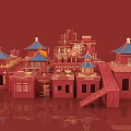 Cartoon Scene of Red Chinese Style Buildings With Blue Roof Pavilions Lanterns Stairs and Slide