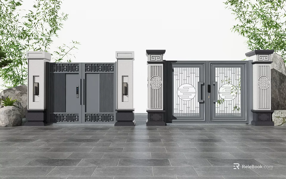 Modern Chinese Style Entrance Gate With Carved Patterns And Stone Pillars 3d model 
