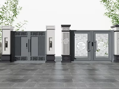 Modern Chinese Style Entrance Gate With Carved Patterns And Stone Pillars 3d model